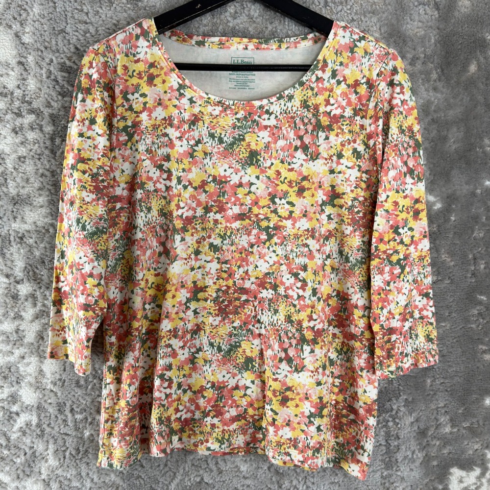 L.L.Bean Petites‎ Size Lp Floral Supima Cotton Tee T-Shirt Multicolor 3/4 Sleeve